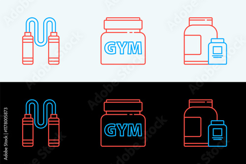 Set line Sports nutrition, Jump rope and icon. Vector