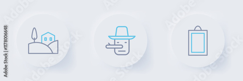 Set line Picture, Pinocchio and Village landscape icon. Vector