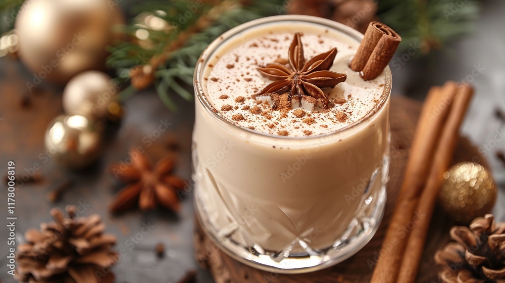 Creamy eggnog in glass, festive holiday drink close-up, cinnamon and star anise garnish, elegant Christmas beverage, seasonal winter drink photography
Creamy eggnog in glass, festive holiday drink close-up, cinnamon and star anise garnish, elegant Christmas beverage, seasonal winter drink photography