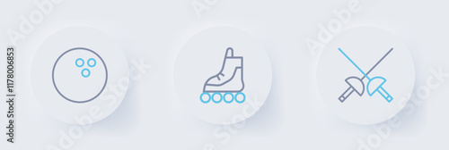 Set line Fencing, Roller skate and Bowling ball icon. Vector