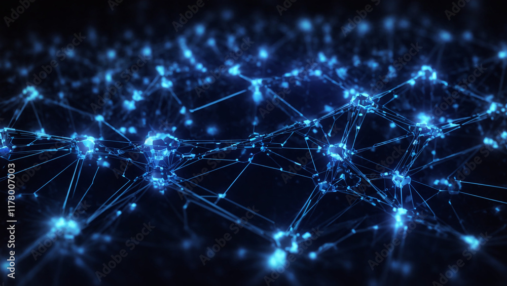 Artificial intelligence network. Abstract image of a digital network illuminated by blue light, showing interconnected nodes and lines on a dark background. Artificial intelligence network. Abstract image of a digital network illuminated by blue light, showing interconnected nodes and lines on a dark background.