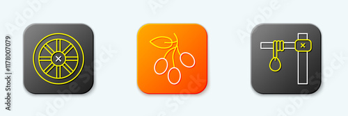 Set line Old wooden wheel, Olives branch and Gallows icon. Vector