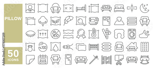 Set of 50 line icons related to pillow, cushion, bed, topper, blanket, fabric, duvet, sleep, cotton, filler, Editable stroke. Vector illustration