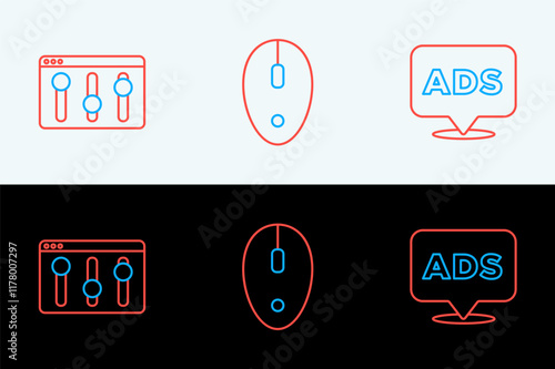 Set line Advertising, Browser setting and Computer mouse icon. Vector