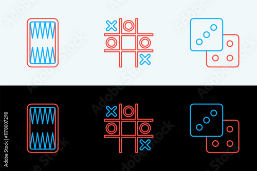 Set line Game dice, Backgammon board and Tic tac toe game icon. Vector