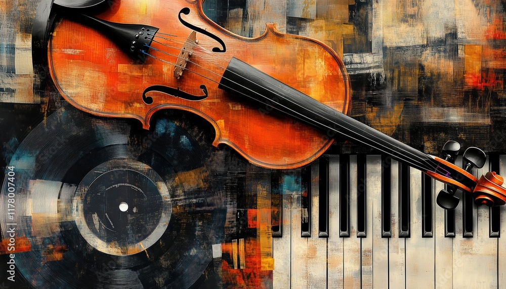 Naklejka premium Contemporary Art Collage Poster Featuring Violin, Full Piano Keys, And Vinyl Record - A Fusion Of Classical And Modern Music. Illustrating Music Festivals, Concerts, And Parties.