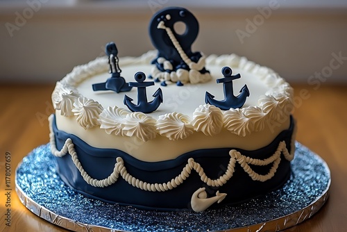 A luxury yacht birthday cake with navy blue and white frosting, fondant ropes and anchors, on a shimmering sea base. photo