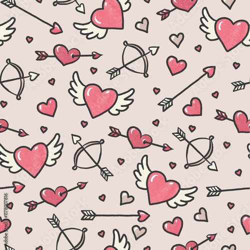 
Seamless pattern of irregular pink hearts of different sizes, hearts with wings, cupid's bow and arrow drawn by hand with pencils photo