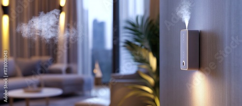 Aroma diffuser spreading fragrance in modern living room.