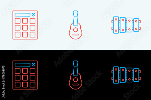 Set line Xylophone, Drum machine and Guitar icon. Vector