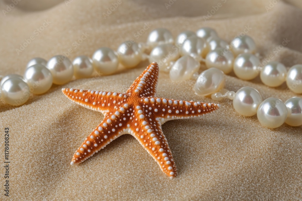 Starfish and white pearls on sandy beach a tropical paradise island vacation scene Starfish and white pearls on sandy beach a tropical paradise island vacation scene