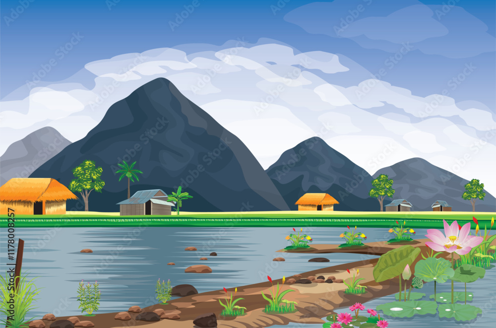 Natural view with marshes and mountains vector design