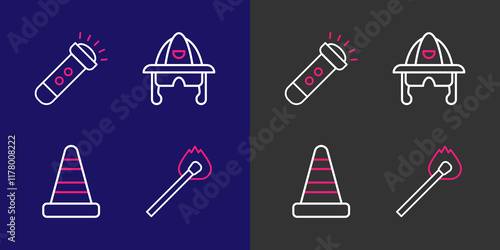 Set line Burning match with fire, Traffic cone, Firefighter helmet and Flashlight icon. Vector