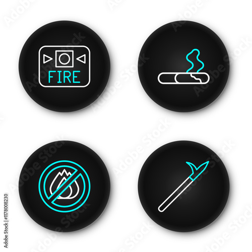 Set line Metal pike pole, No fire, Cigarette and Fire alarm system icon. Vector