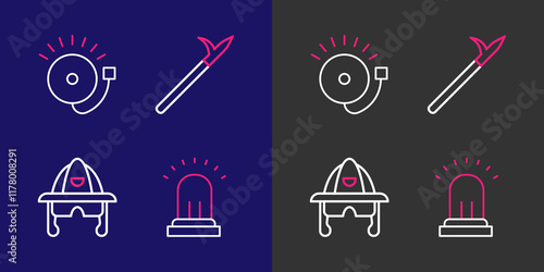 Set line Ringing alarm bell, Firefighter helmet, Metal pike pole and icon. Vector