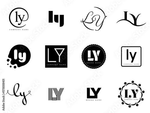 LY logo company template. Letter l and y logotype. Set different classic serif lettering and modern bold text with design elements. Initial font typography.