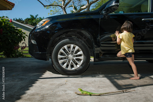 Girl and iguana in driveway photo