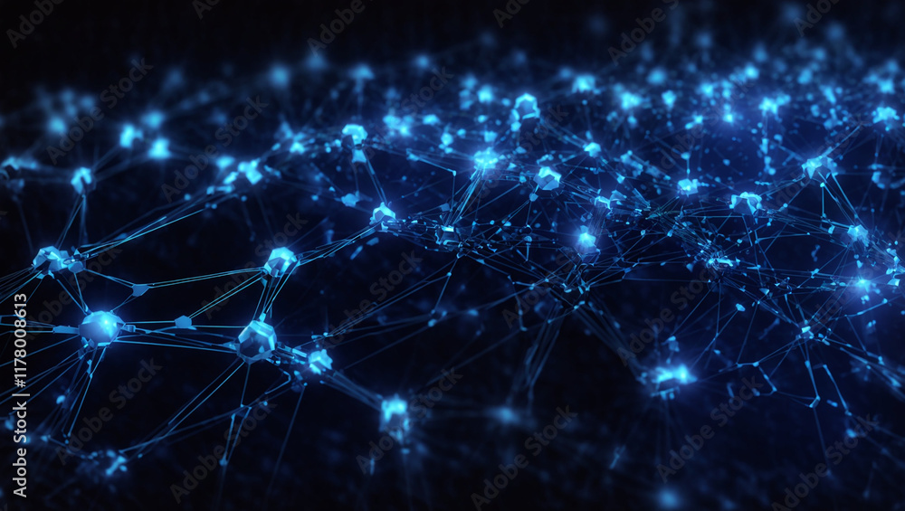 Artificial intelligence network. Abstract image of a digital network illuminated by blue light, showing interconnected nodes and lines on a dark background. Artificial intelligence network. Abstract image of a digital network illuminated by blue light, showing interconnected nodes and lines on a dark background.
