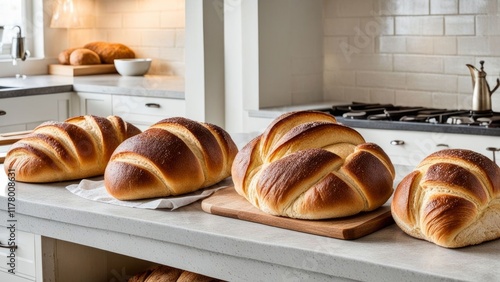 Rustic presentation of croissants on kitchen table, showcasing artisanal details. Ideal for marketing campaigns targeting food lovers or breakfast enthusiasts.