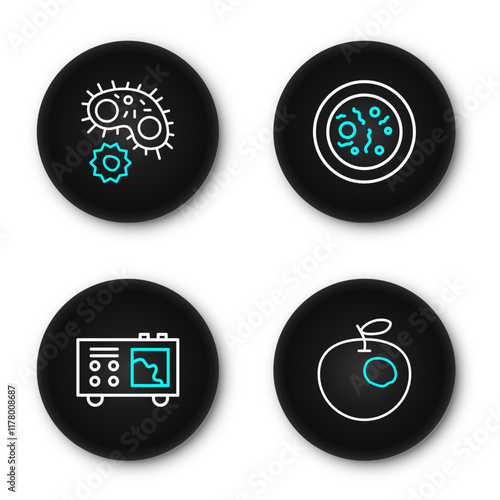 Set line Genetically modified apple, Spectrometer, Petri dish with bacteria and Virus icon. Vector