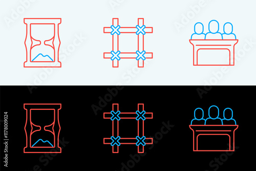 Set line Jurors, Old hourglass and Prison window icon. Vector