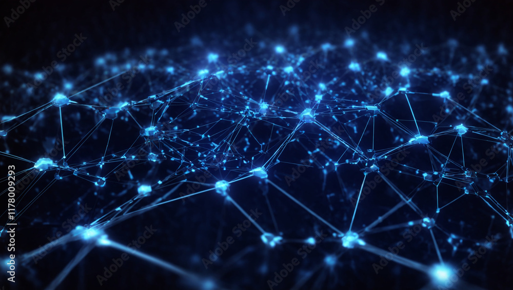 Artificial intelligence network. Abstract image of a digital network illuminated by blue light, showing interconnected nodes and lines on a dark background. Artificial intelligence network. Abstract image of a digital network illuminated by blue light, showing interconnected nodes and lines on a dark background.