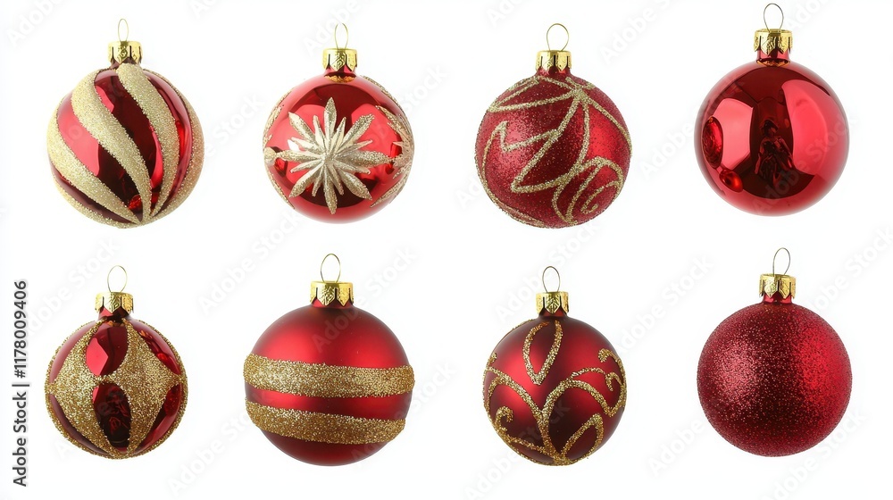 A set of decorative Christmas ornaments in red and gold on a white isolated background A set of decorative Christmas ornaments in red and gold on a white isolated background