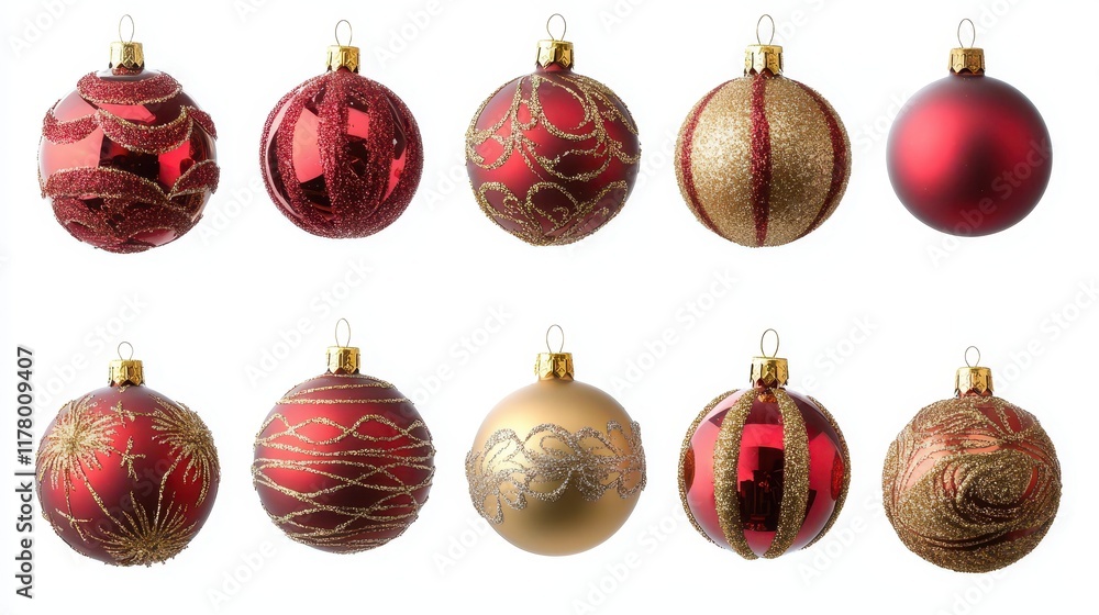 A set of decorative Christmas ornaments in red and gold on a white isolated background A set of decorative Christmas ornaments in red and gold on a white isolated background
