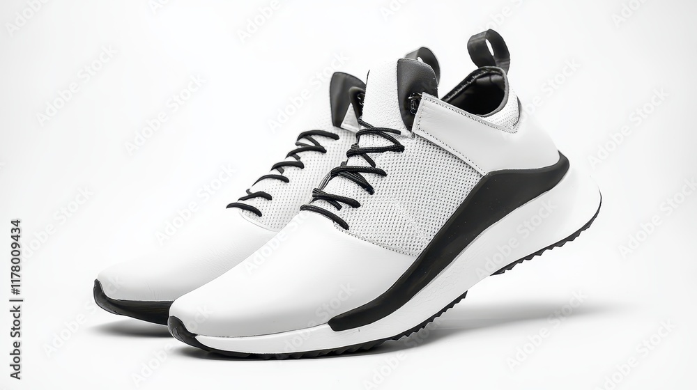 A pair of modern sneakers with a white and black color scheme on a white isolated background A pair of modern sneakers with a white and black color scheme on a white isolated background