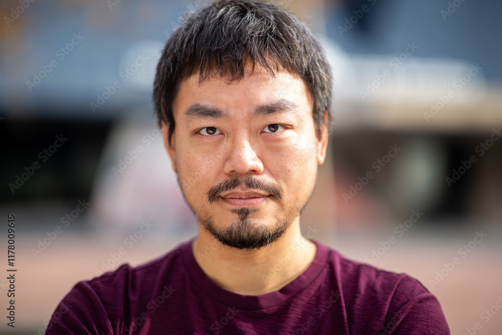 Close-up portrait of an Asian man in maroon t-shirt outdoors with focused expression Close-up portrait of an Asian man in maroon t-shirt outdoors with focused expression