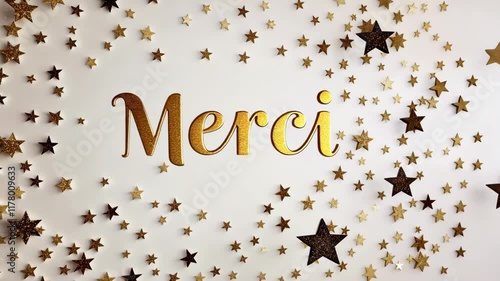 Gold star pattern with the word MERCI written in gold. The stars are scattered all over the image