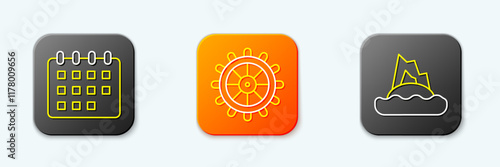 Set line Calendar, Ship steering wheel and Tropical island ocean icon. Vector