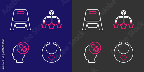 Set line Baby bib, dummy pacifier, crib hanging toys and potty icon. Vector