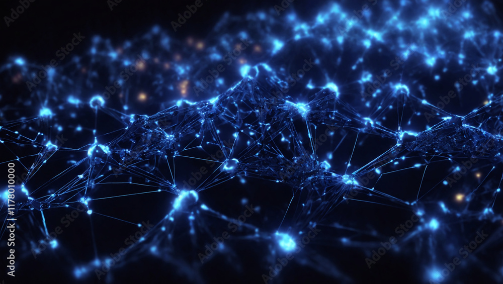 Artificial intelligence network. Abstract image of a digital network illuminated by blue light, showing interconnected nodes and lines on a dark background. Artificial intelligence network. Abstract image of a digital network illuminated by blue light, showing interconnected nodes and lines on a dark background.