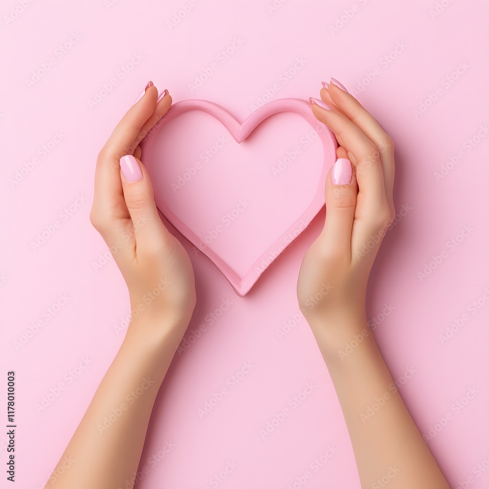 Hands holding a pink heart shaped object on a soft pink background