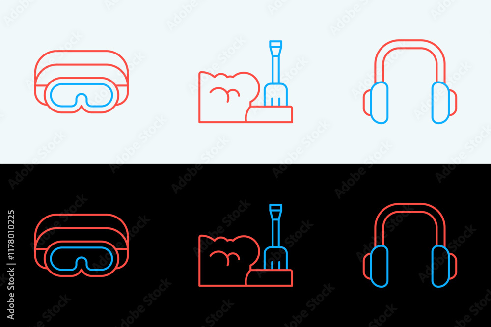 Set line Winter headphones, Ski goggles and Shovel snowdrift icon. Vector Set line Winter headphones, Ski goggles and Shovel snowdrift icon. Vector