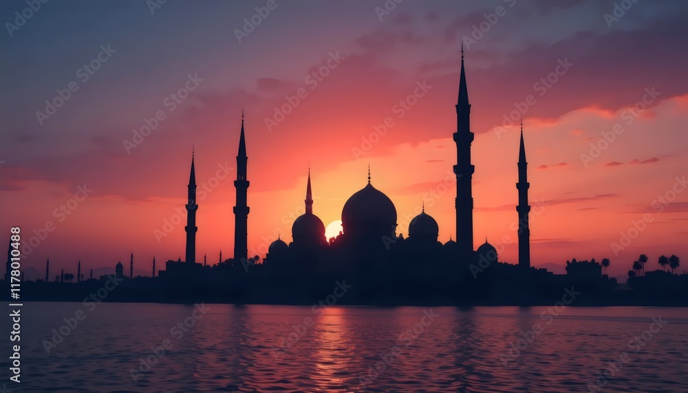 Fototapeta premium Stylized silhouette of a mosque set against a dramatic sunset, with a rich color palette featuring warm oranges, reds, and purples, evoking the beauty and culture of Dubai or the Emirates