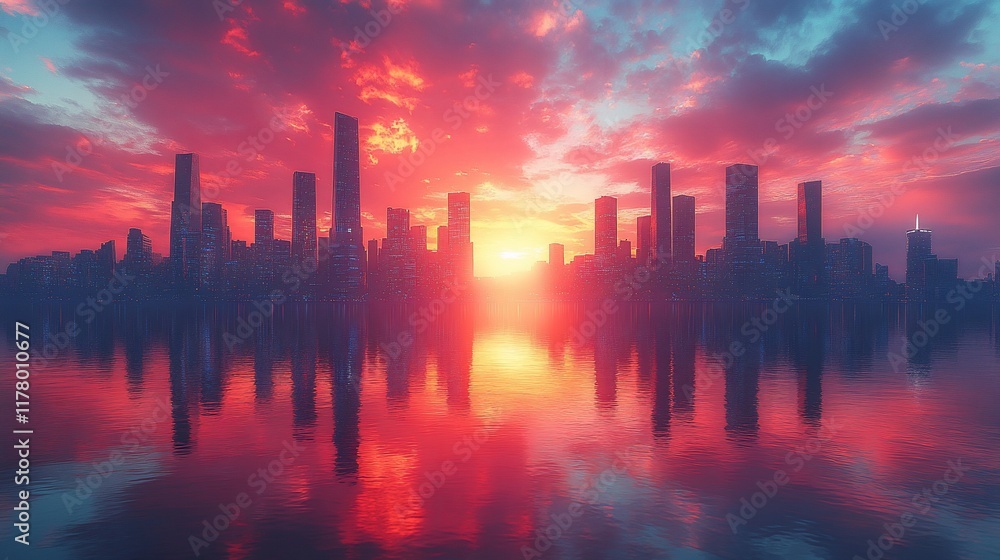 City Skyline Reflected In Water At Sunset City Skyline Reflected In Water At Sunset