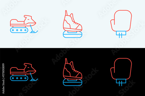 Set line Boxing glove, Snowmobile and Skates icon. Vector