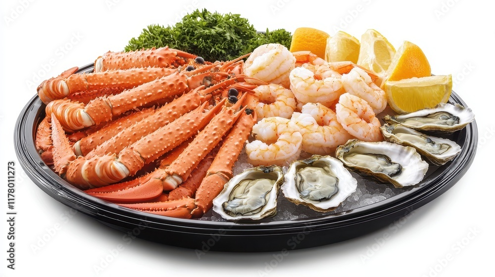 A fresh seafood platter with shrimp, oysters, and crab legs on a white isolated background A fresh seafood platter with shrimp, oysters, and crab legs on a white isolated background