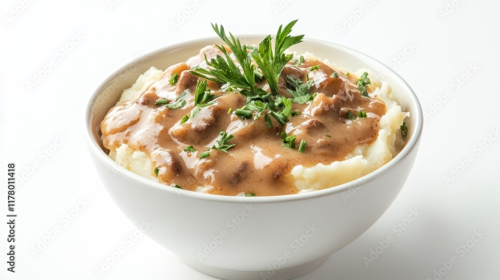A bowl of creamy mashed potatoes with gravy on a white isolated background A bowl of creamy mashed potatoes with gravy on a white isolated background