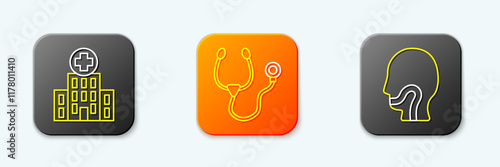 Set line Medical hospital building, Stethoscope and Sore throat icon. Vector