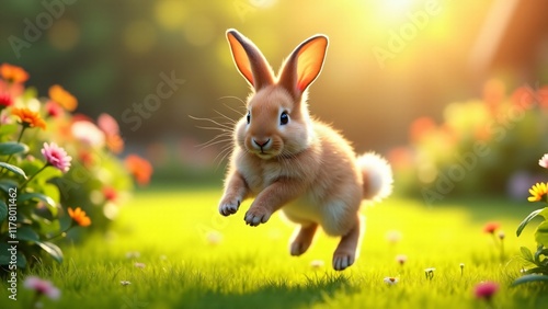 A playful rabbit jumping in a vibrant garden, its ears up and tail visible. This energetic and lively moment captures the spirit of rabbits, perfect for celebrating National Pet Day with joy and freed photo