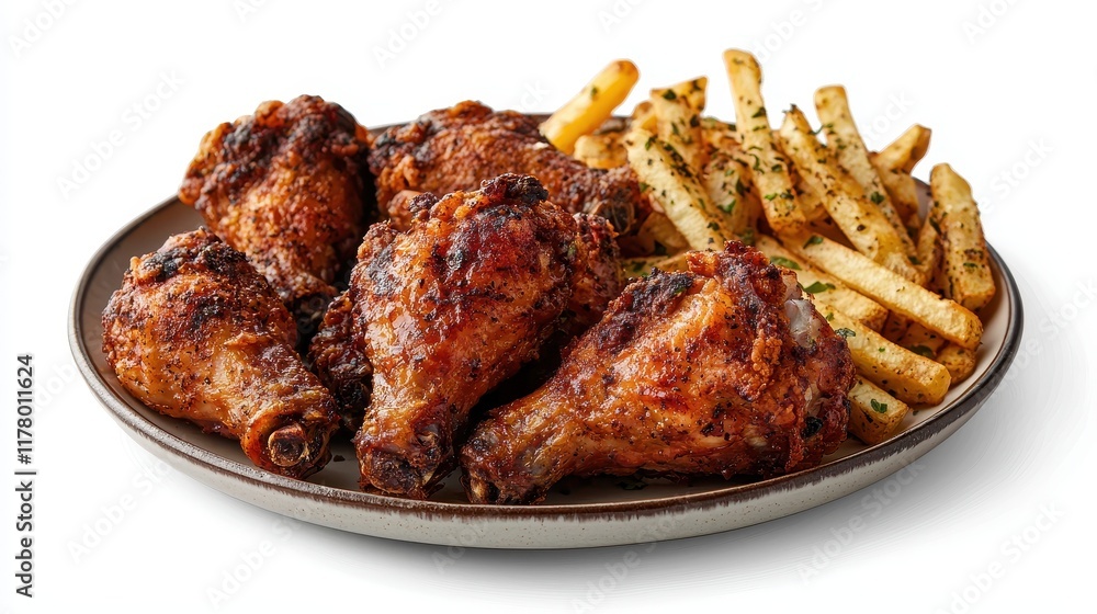A plate of crispy fried chicken with golden-brown fries on a white isolated background A plate of crispy fried chicken with golden-brown fries on a white isolated background
