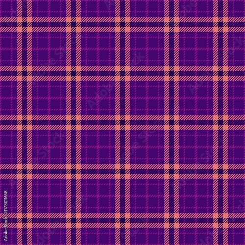 Manufacture pattern fabric background, warm tartan plaid textile. Silk seamless texture vector check in violet and red colors.