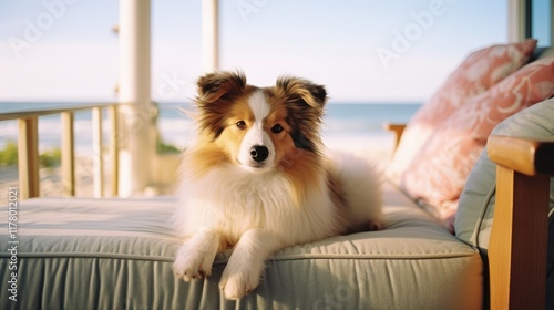 Loyal Labrador Retriever on sandy beach, gazing out at calm waters.