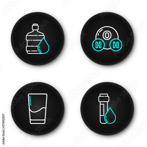 Set line Test tube with water drop, Glass, Chemical formula for H2O and Big bottle clean icon. Vector