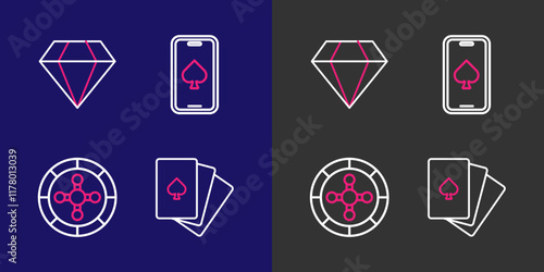Set line Deck of playing cards, Casino roulette wheel, Online poker table game and Diamond icon. Vector