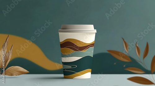 Paper cup with abstract design on table, teal background, dried leaves photo