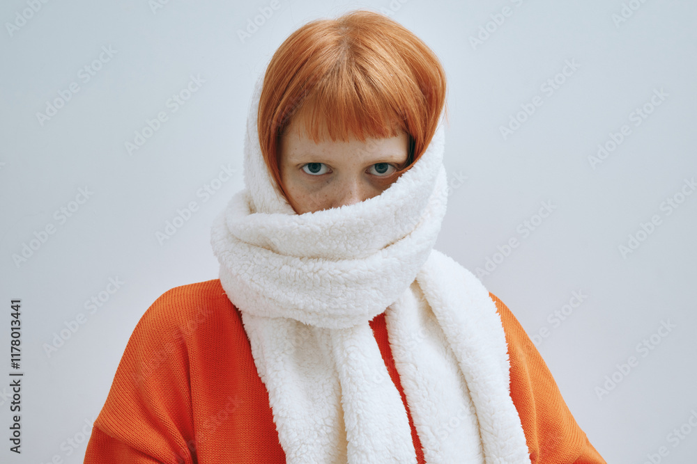 Redhead Woman in Cozy White Scarf Redhead Woman in Cozy White Scarf
